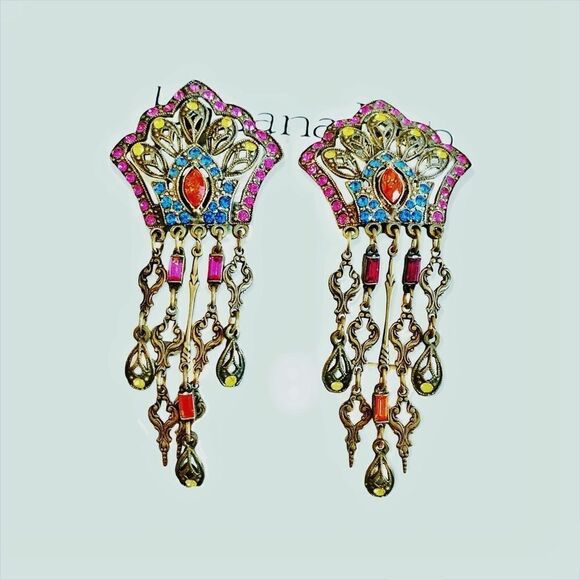Vtg Banana Bob colorful Spanish moorish theme chandelier earrings clip backs - Picture 7 of 7